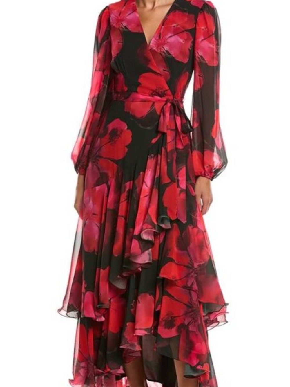 Hutch Helene Black Wrap Dress with Red Floral Print
